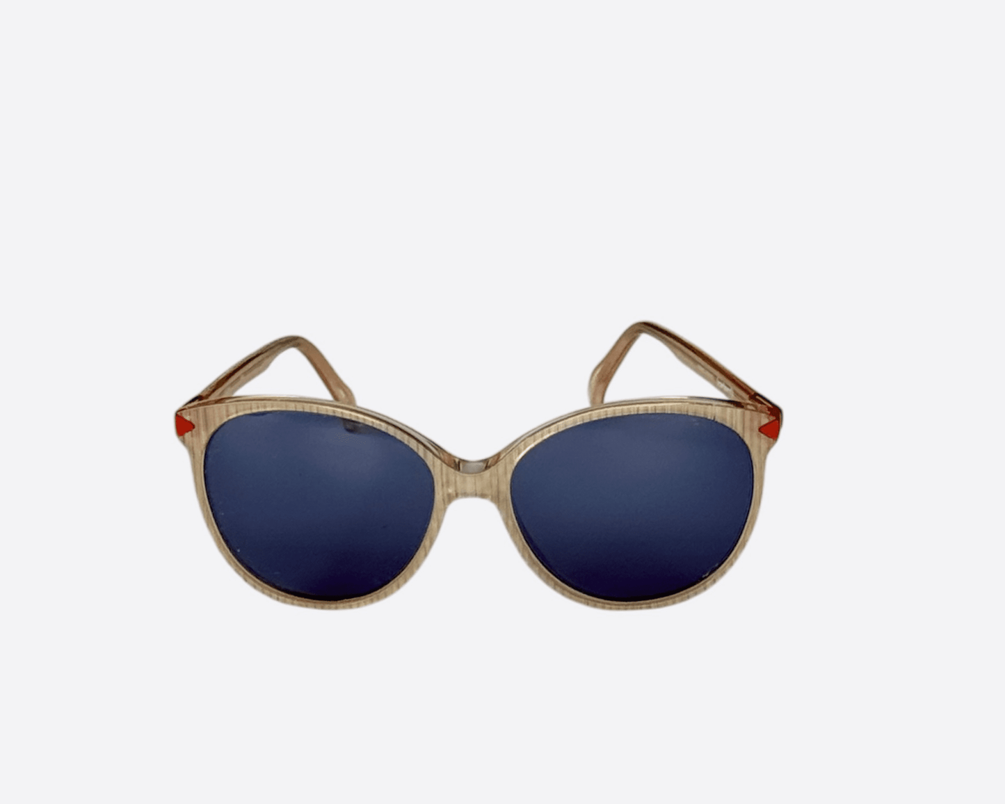 Front view of vintage 1980s Cacharel sunglasses with beige frames, new grey lenses — pre-loved and restored.