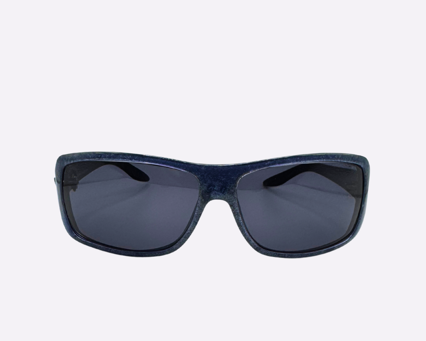 Front view of early 2000s Armani sunglasses made in Italy, featuring a dark blue speckled frame with new grey lenses, shown on a light gray background.