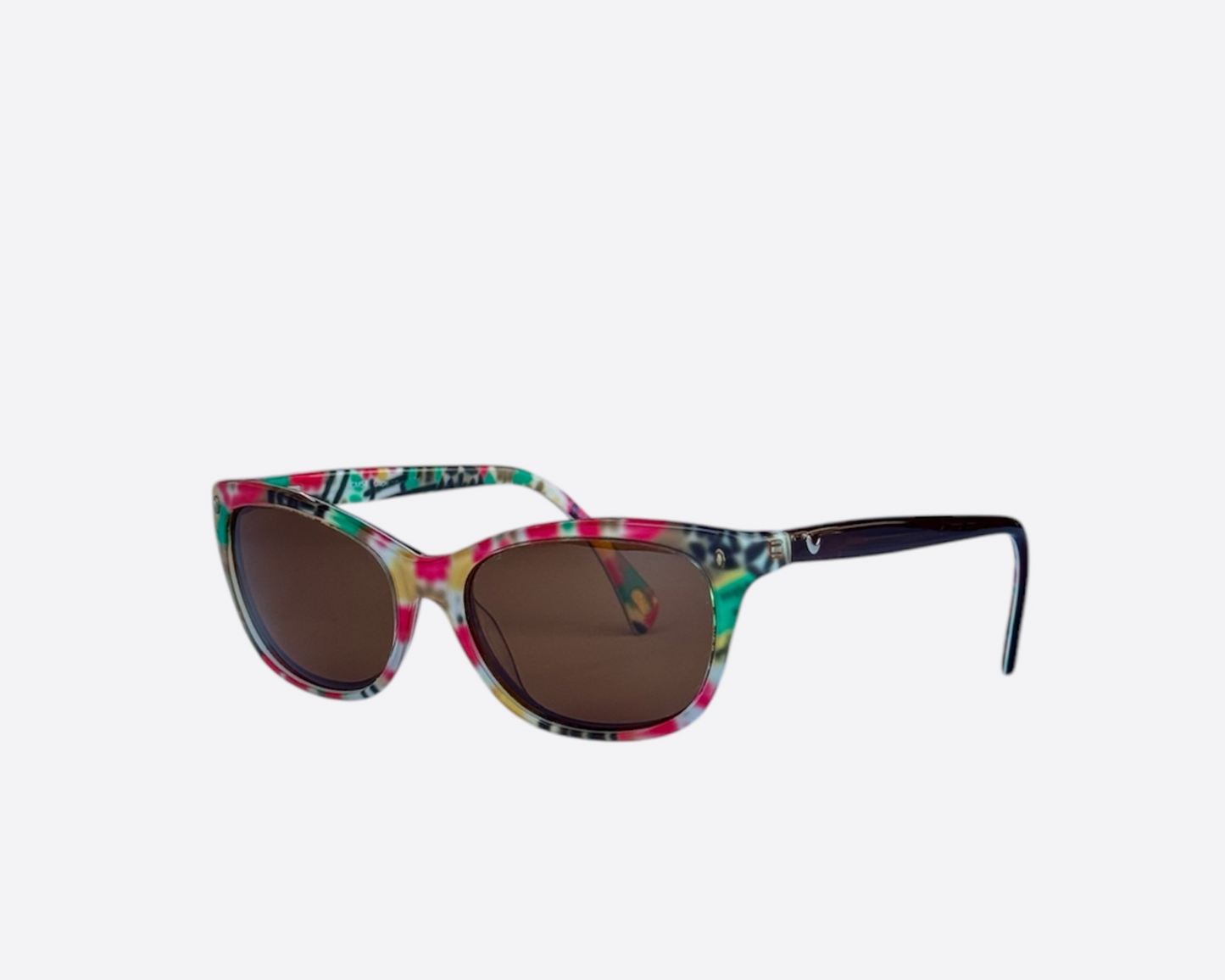 Side view of a pair of pre-owned multicolor Clemence-Margaux sunglasses with new brown UV400 lenses, showing the frame and lenses.