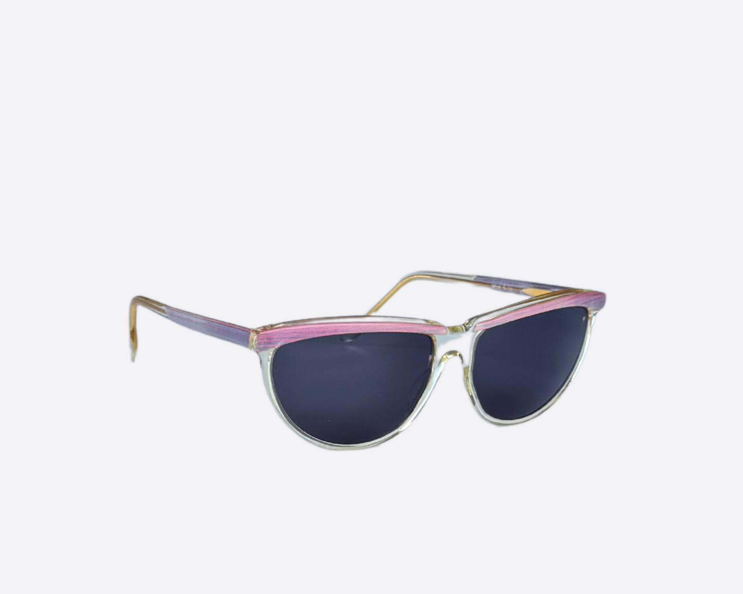 A pair of Robert La Roche sunglasses with pink and gold hues on the frame, new grey lenses, and a cat-eye shape.