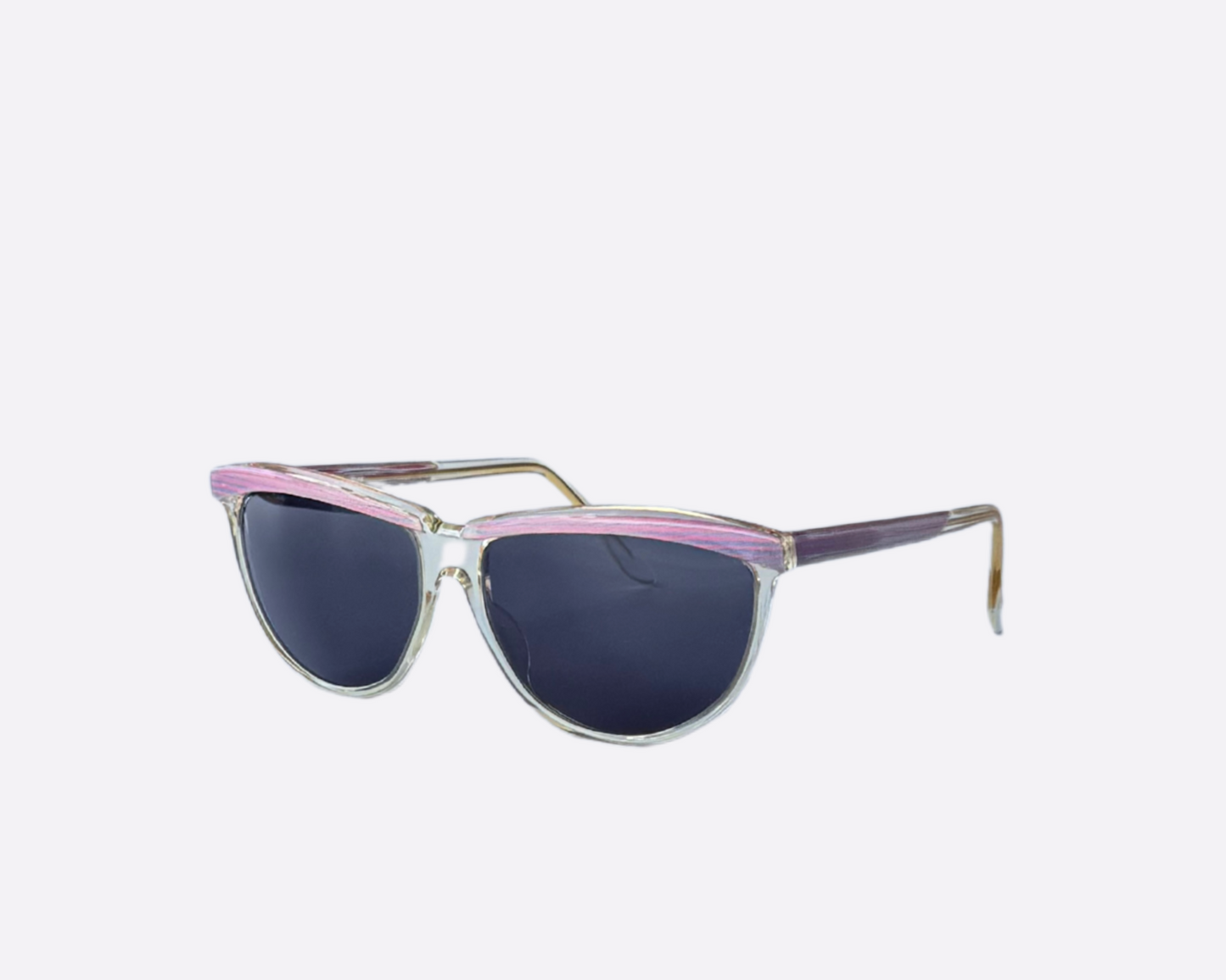 Side view of Robert La Roche cat-eye sunglasses with pink, gold, and transparent frame accents, fitted with new grey lenses.