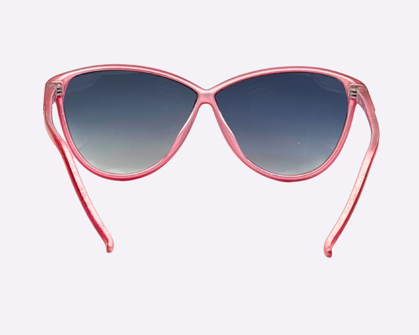 Rear view of Christian Latour sunglasses featuring a pink frame and newly replaced gradient grey lenses, shown on a white background.