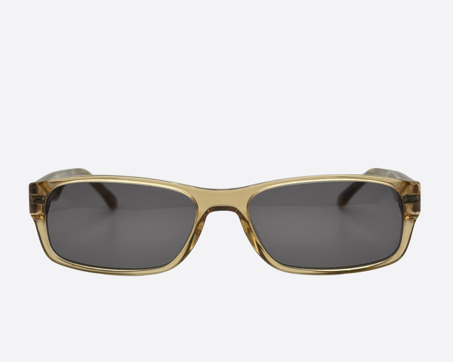 Ray-Ban sunglasses with rectangular amber frames and dark grey tinted lenses.
