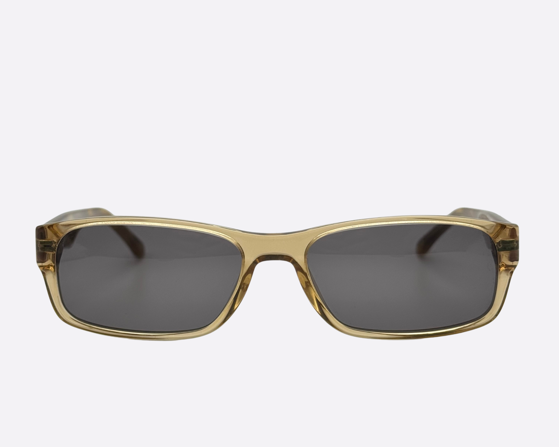 Ray-Ban sunglasses with rectangular amber frames and dark grey tinted lenses.