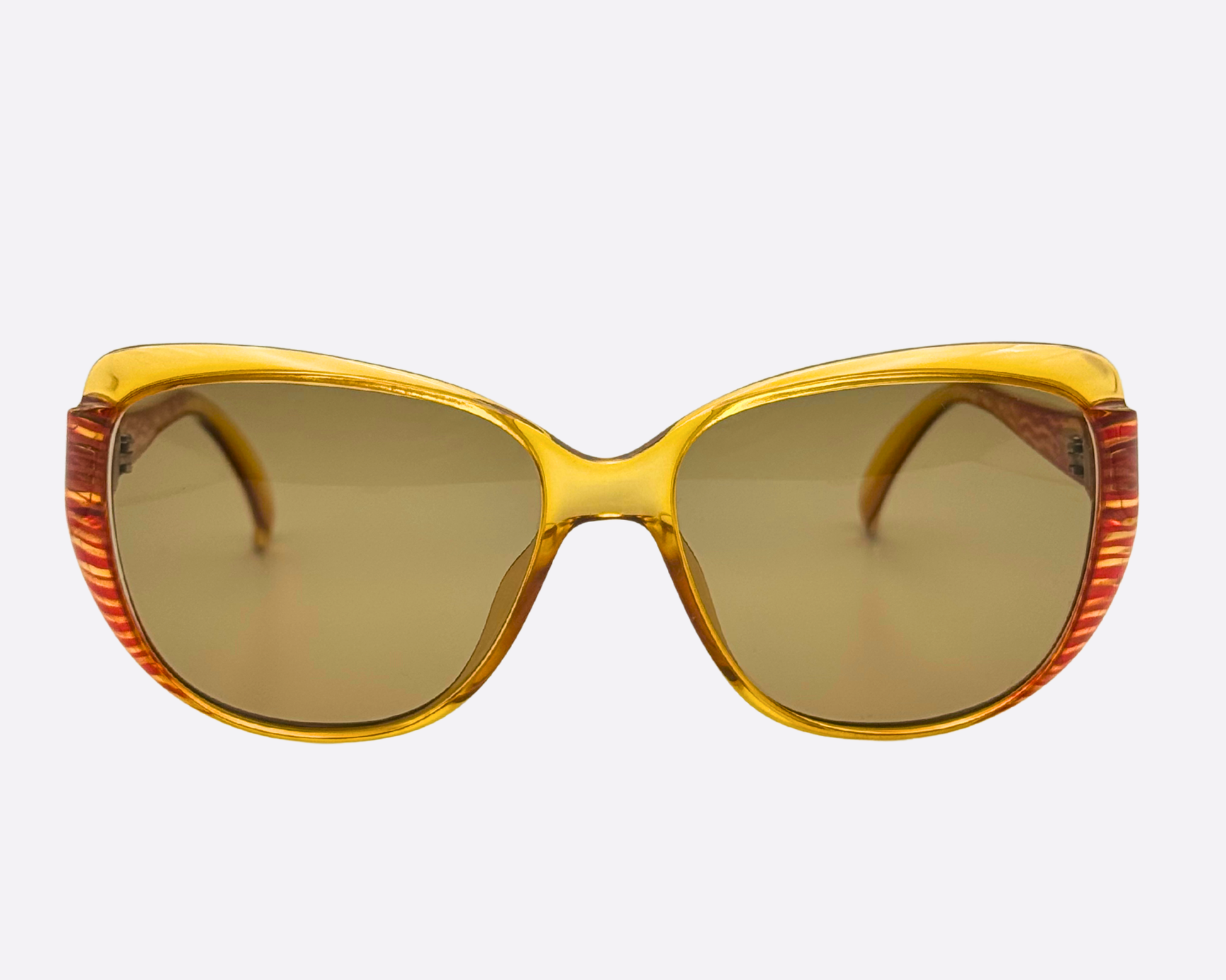 Vintage Christian Dior 2202 30 sunglasses from the 80s. Yellow/amber cat-eye style frame with red striped accents and new brown lenses (100% UV protection).