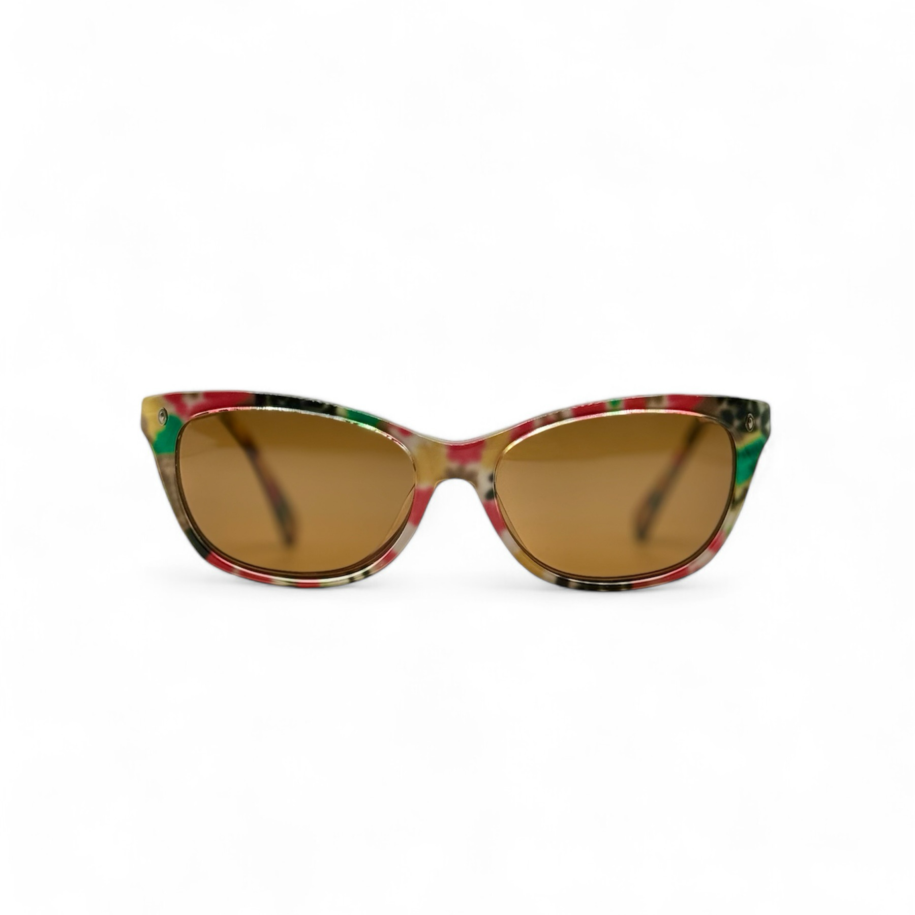 Front view of vibrant Clemence-Margaux sunglasses featuring brand new brown UV400 lenses and colorful frames in excellent condition, showcasing a bold and stylish design.