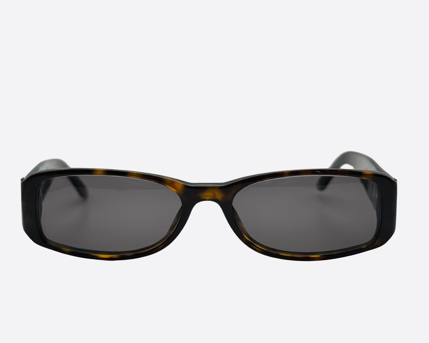 Versace rectangular sunglasses in dark tortoiseshell with grey tinted lenses.