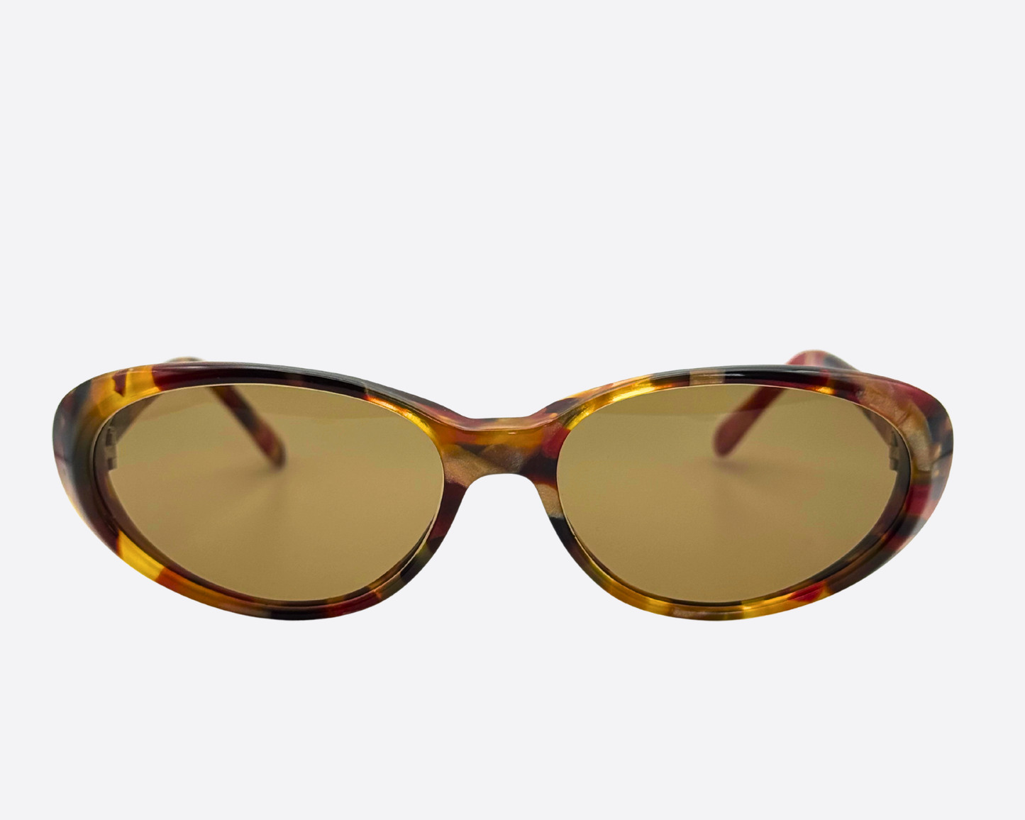Vintage Emmanuelle Khanh 2018-12 sunglasses, 90s Parisian chic oval frames in vibrant red and yellow tortoiseshell acetate with new brown UV lenses.