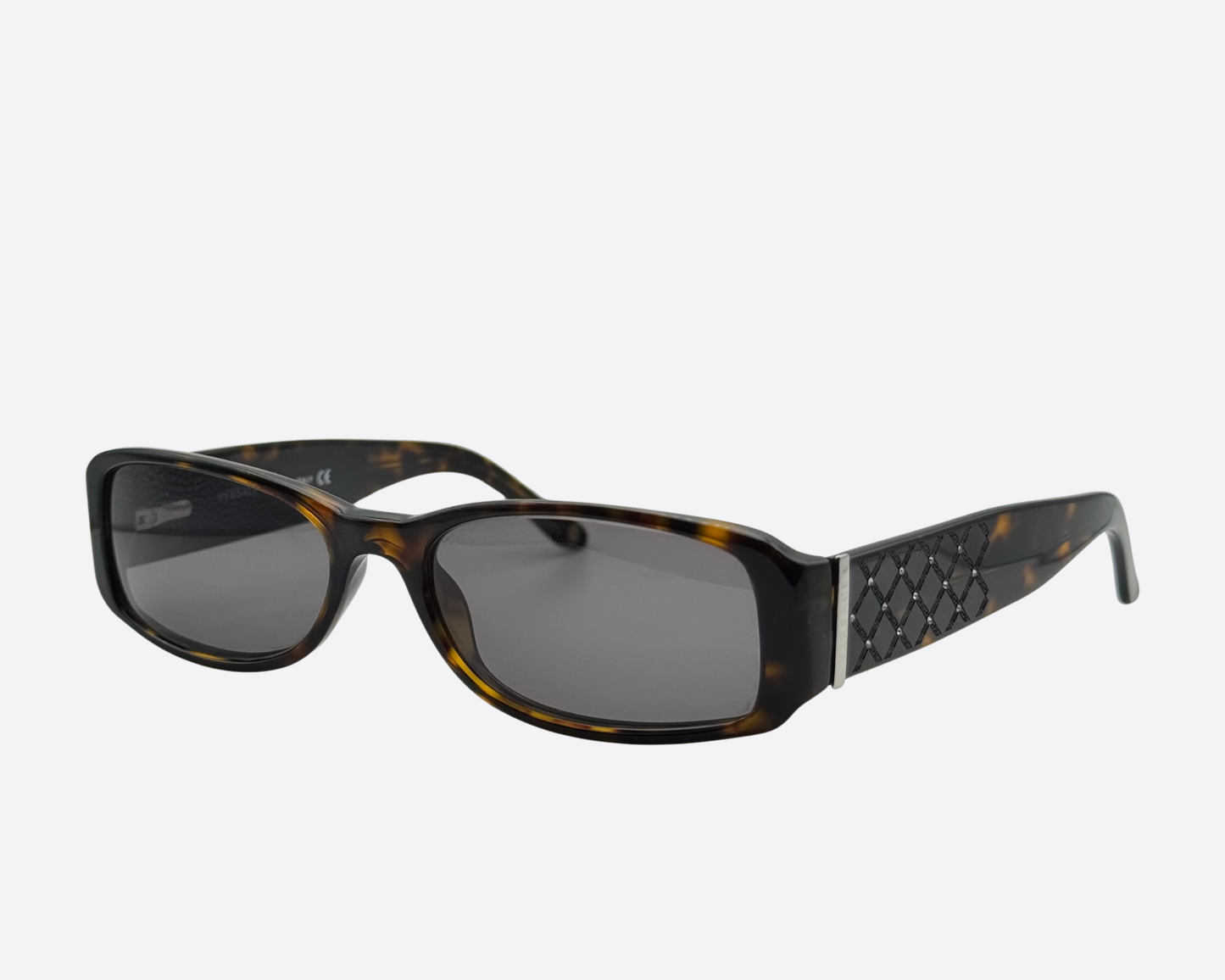 Versace designer shades with wide tortoiseshell arms and silver-tone hardware accents.
