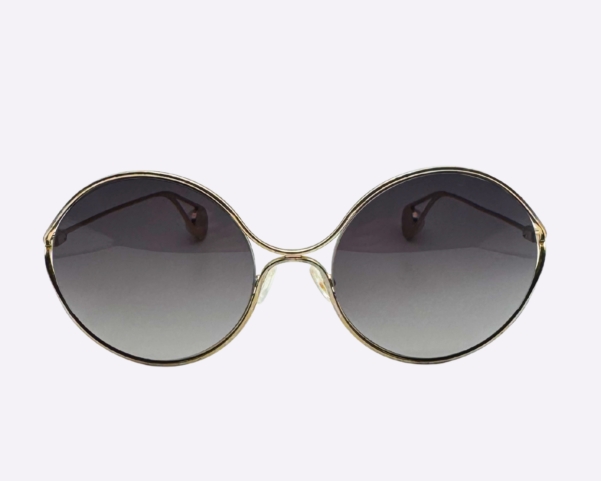 Front view of Gucci oversize sunglasses with a steel frame and new grey lenses, shown on a white background.