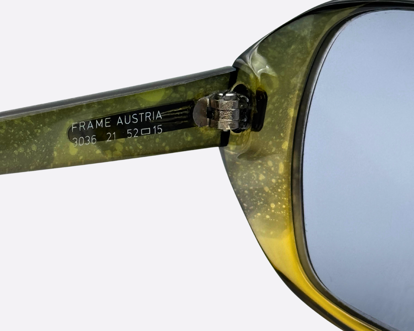 Close-up of the inner hinge and "Frame Austria" engraving on Cobra model 3036 21, showcasing the high-quality craftsmanship of these unworn vintage glasses.