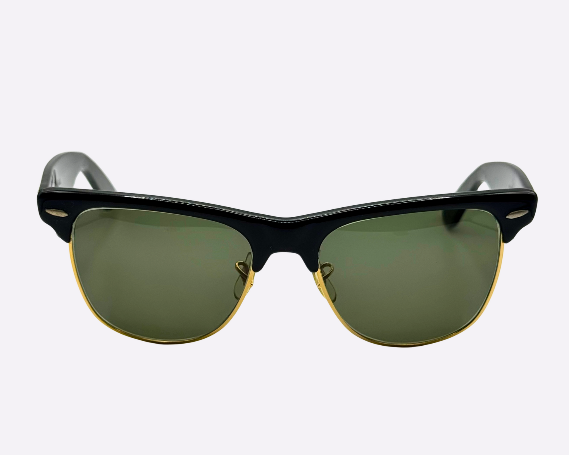 Front view of vintage 1980s Ray-Ban Wayfarer Max sunglasses with new green G-15 lenses on a white background.