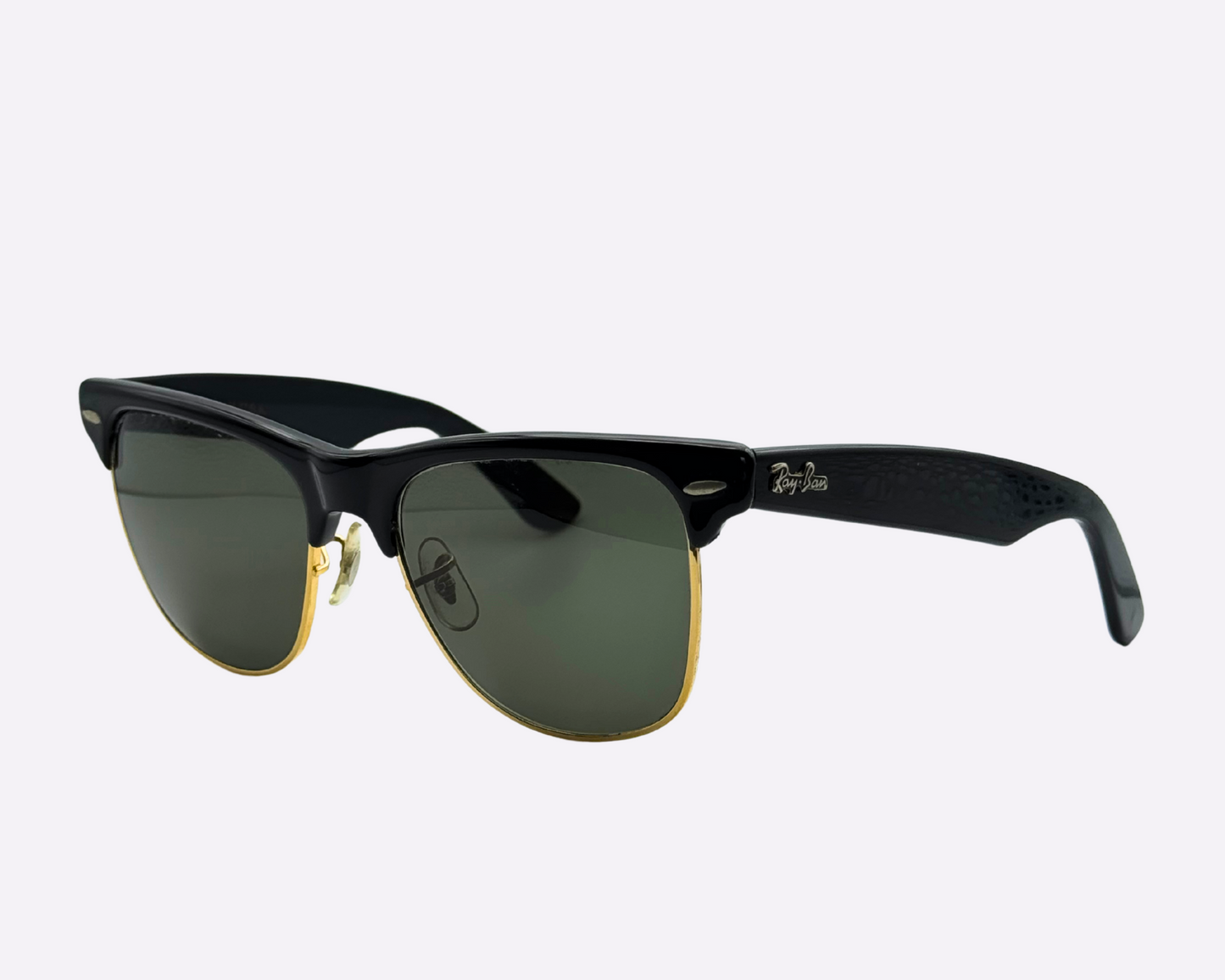 Side view of vintage 1980s Ray-Ban Wayfarer Max sunglasses featuring new green G-15 lenses.