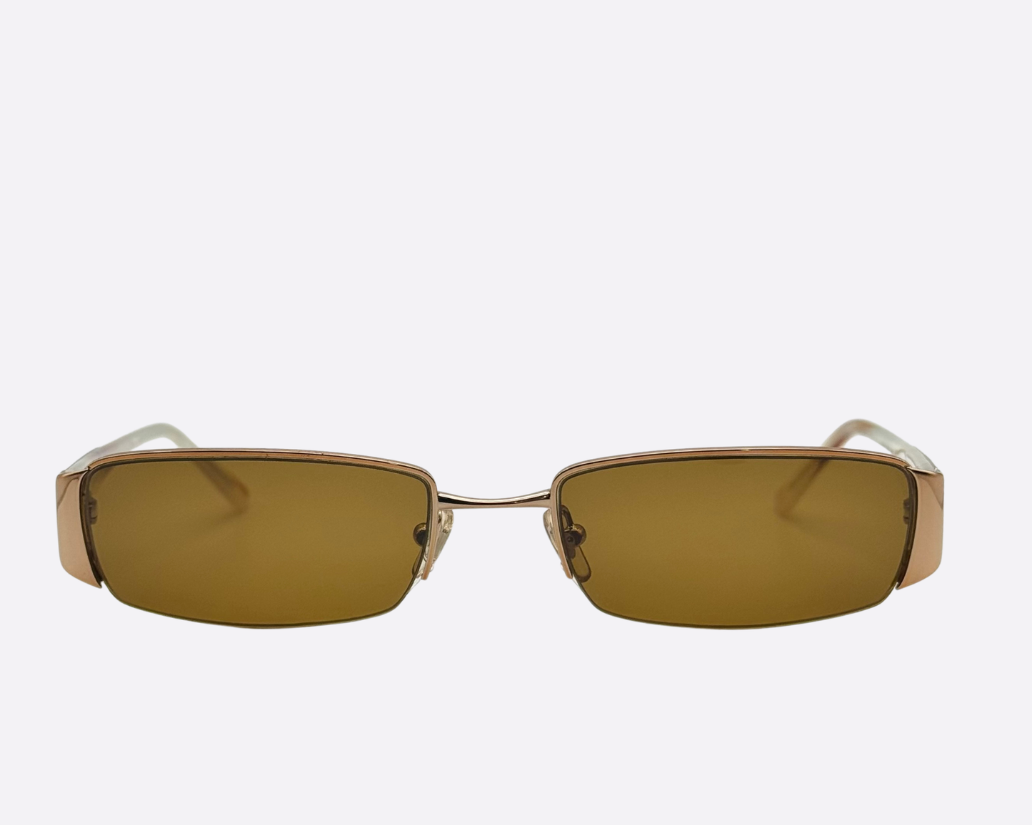 Versace rimless-style sunglasses with bronze metal frames and brown rectangular lenses.