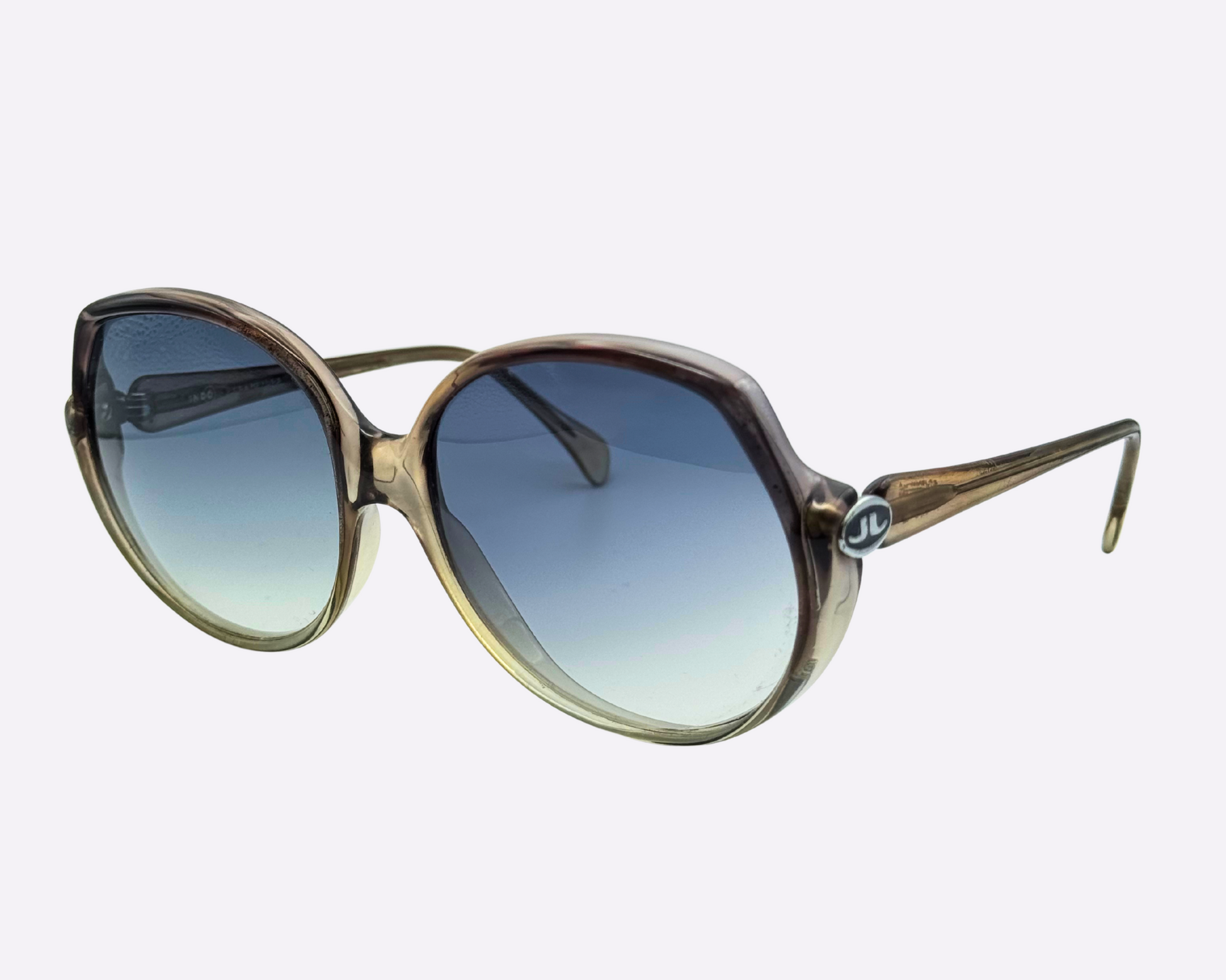 Vintage 1980s Indo sunglasses with oversized round frame and refitted grey-blue gradient lenses