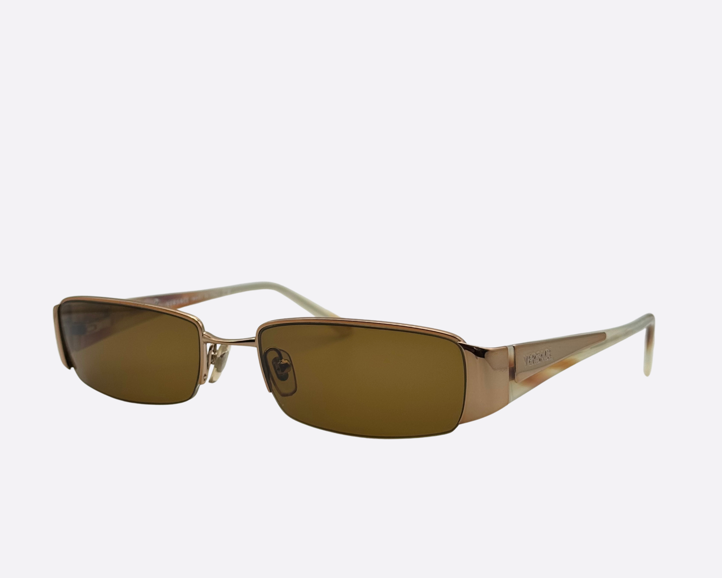 Luxury Versace sunglasses featuring wide temples and a sleek bronze rectangular design.