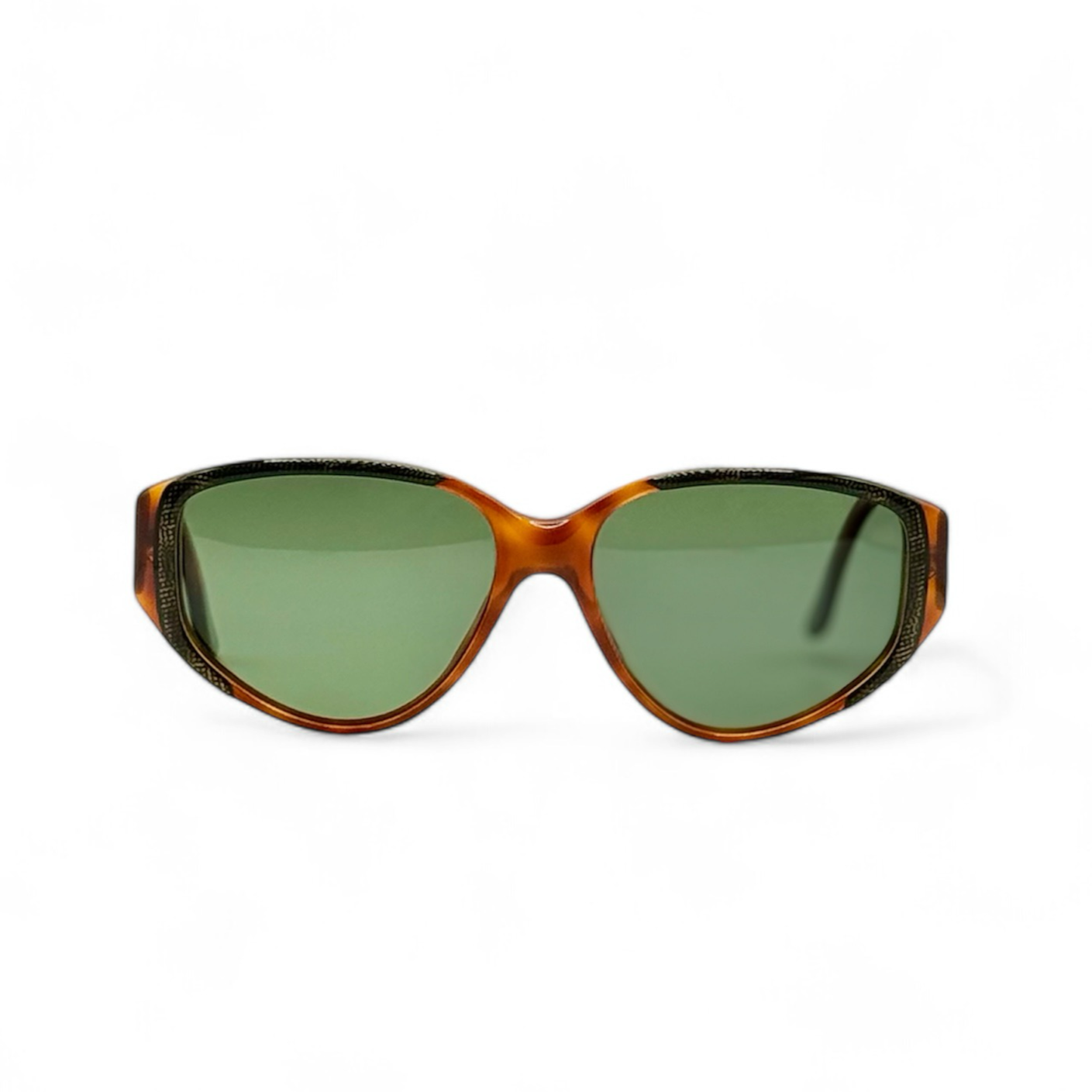 Front view of vintage 1980s sunglasses by Valentino, featuring brand new vibrant green lenses and an exotic reptile-skin pattern on the frame, showcasing excellent Italian craftsmanship.