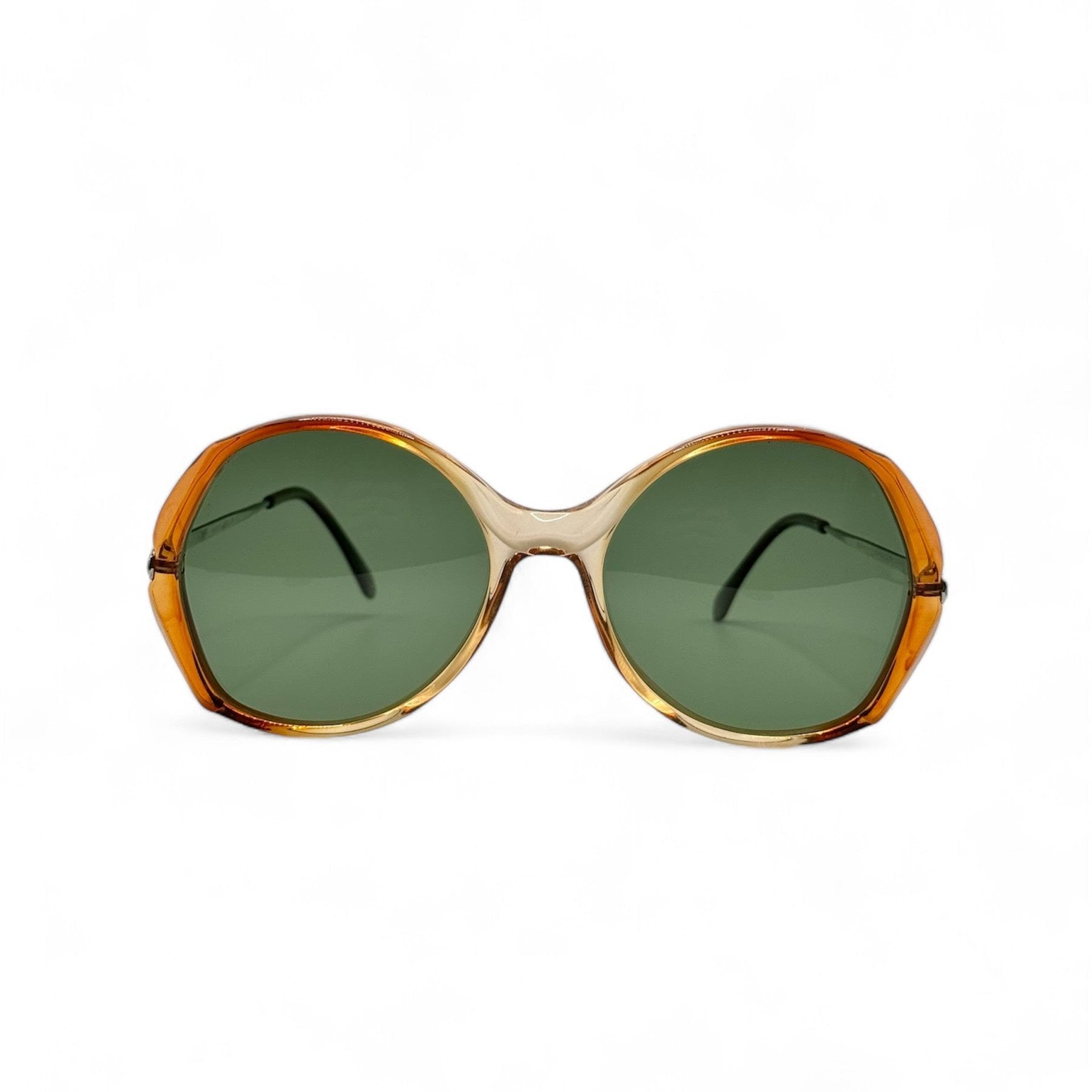 Front view of retro sunglasses with brand new UV-protective green lenses, featuring round bronze frames by IDOS, made in Italy, showcasing a vintage-inspired design.