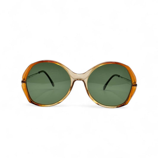 Front view of retro sunglasses with brand new UV-protective green lenses, featuring round bronze frames by IDOS, made in Italy, showcasing a vintage-inspired design.