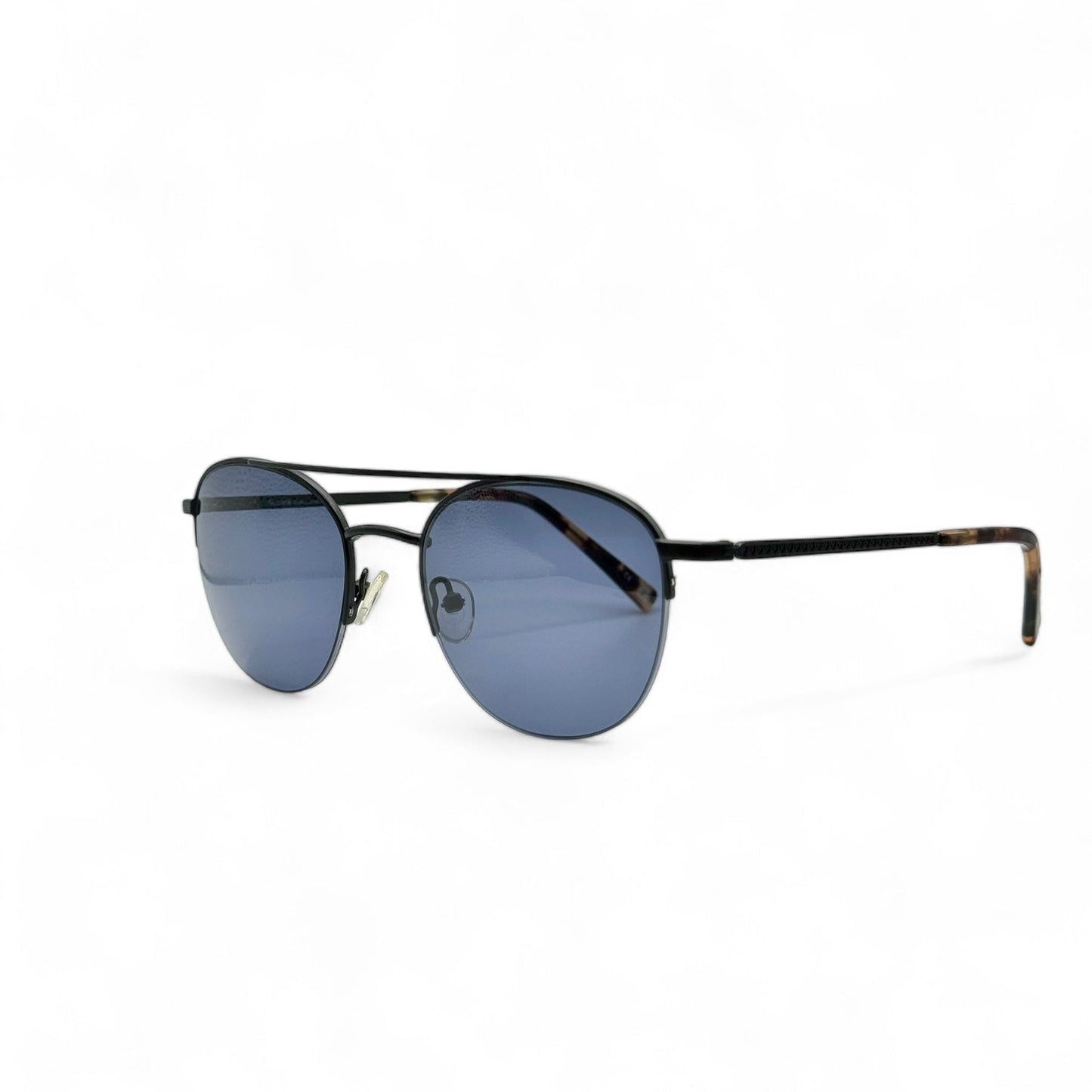 Side view of Société des Lunetiers sunglasses, highlighting the elegant French design, black frames, and dark blue lenses, with new UV400 lenses for superior sun protection and timeless style.